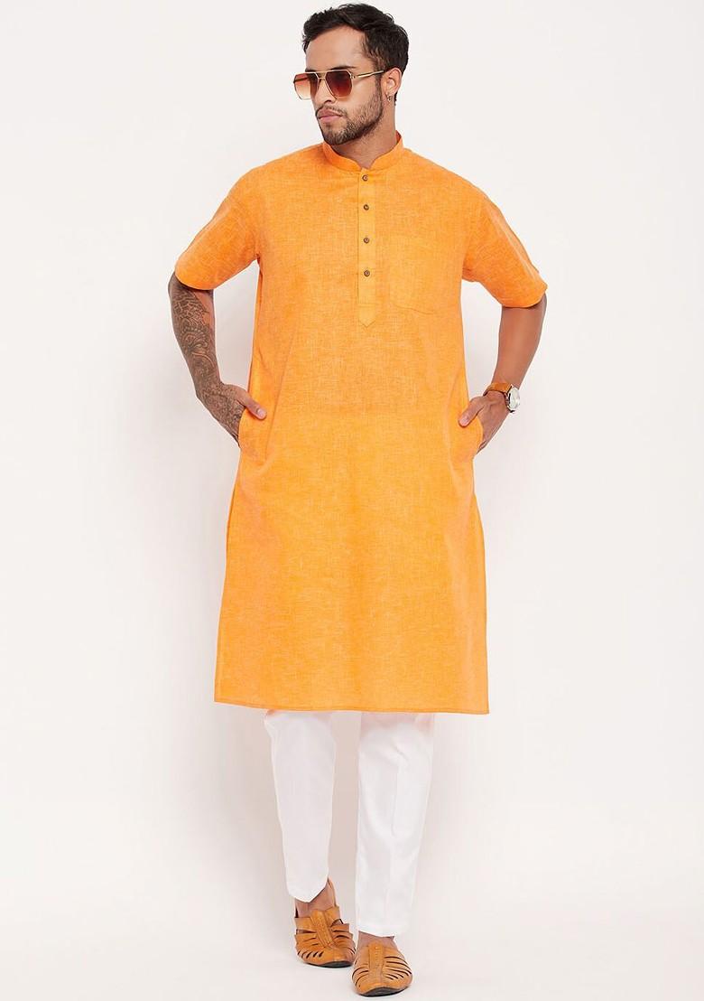 Orange Solid Poly Blend Kurta Set For Men