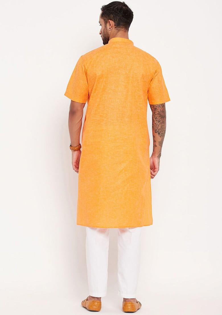 Orange Solid Poly Blend Kurta Set For Men