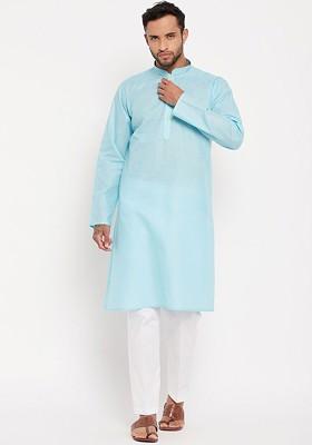 Blue Solid Poly Blend Kurta Set For Men
