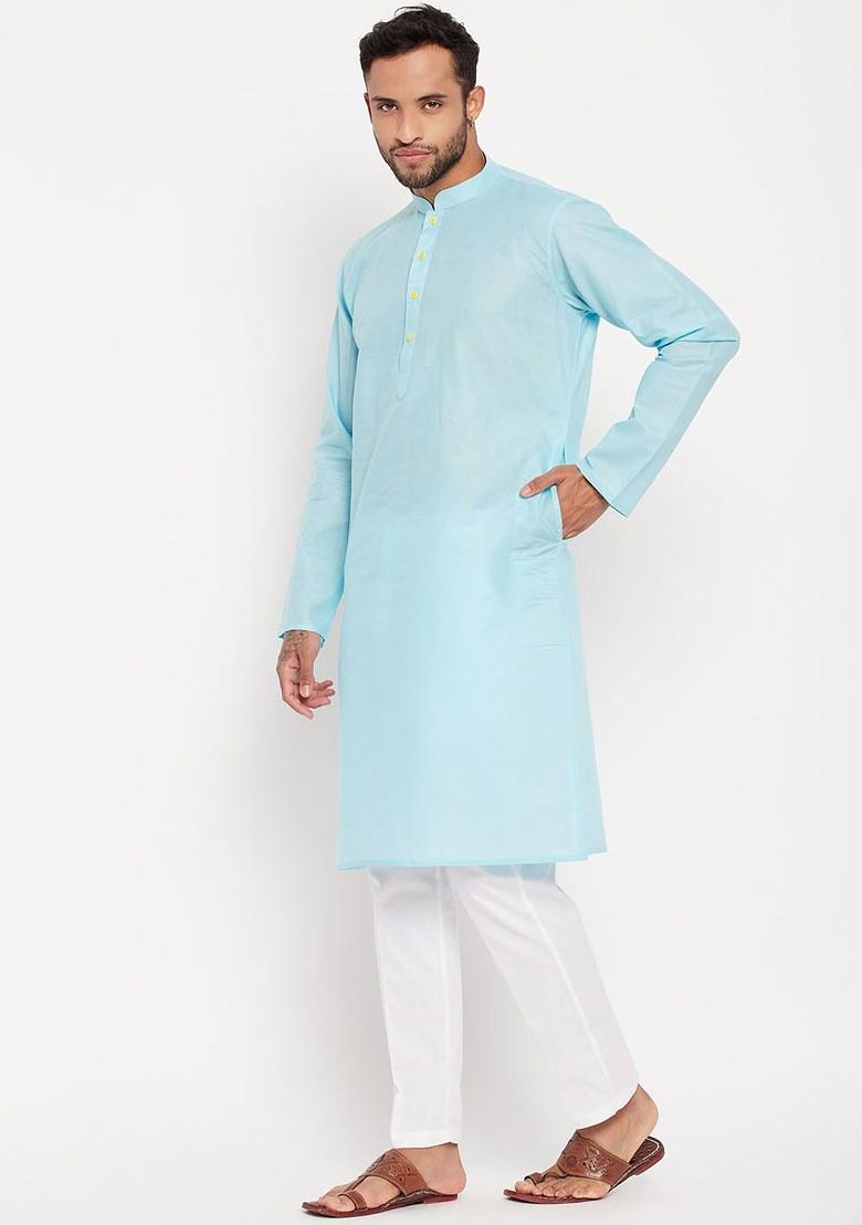 Blue Solid Poly Blend Kurta Set For Men