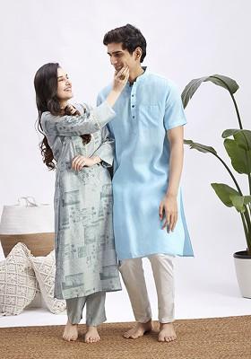 Blue Solid Poly Blend Kurta Set For Men