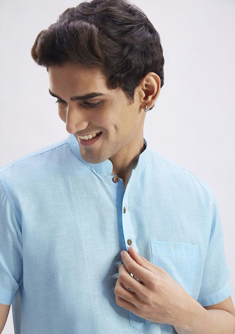 Blue Solid Poly Blend Kurta Set For Men