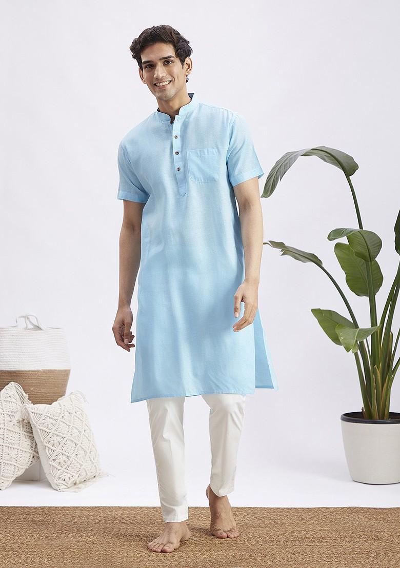 Blue Solid Poly Blend Kurta Set For Men