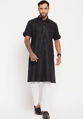 Black Solid Poly Blend Kurta Set For Men