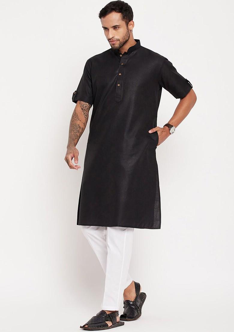 Black Solid Poly Blend Kurta Set For Men