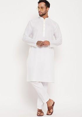 White Solid Poly Blend Kurta Set For Men