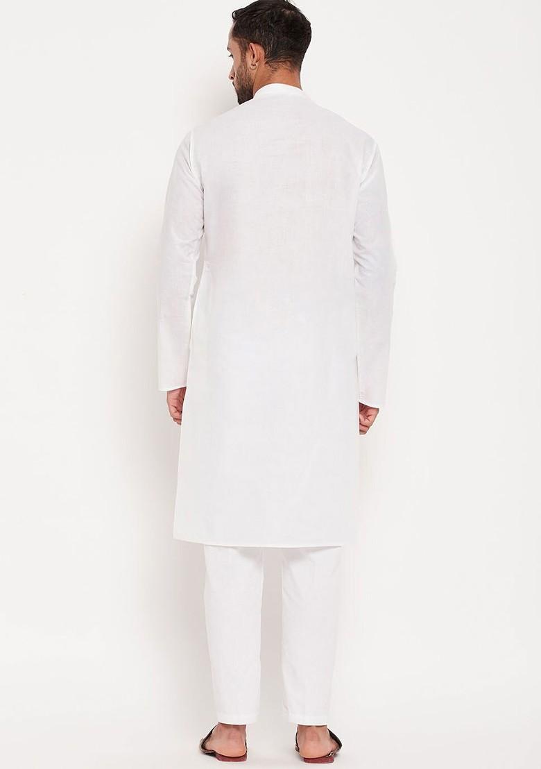 White Solid Poly Blend Kurta Set For Men