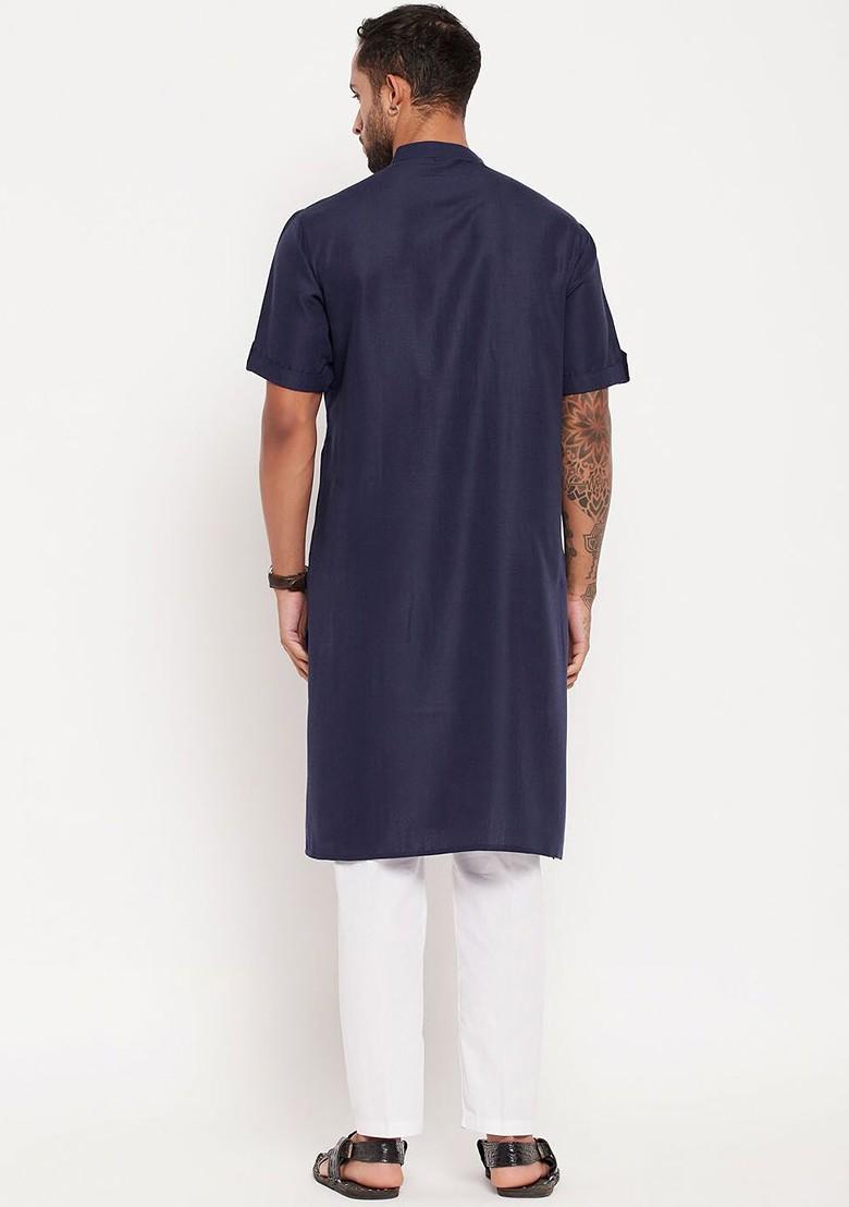 Navy Blue Solid Poly Blend Kurta Set For Men