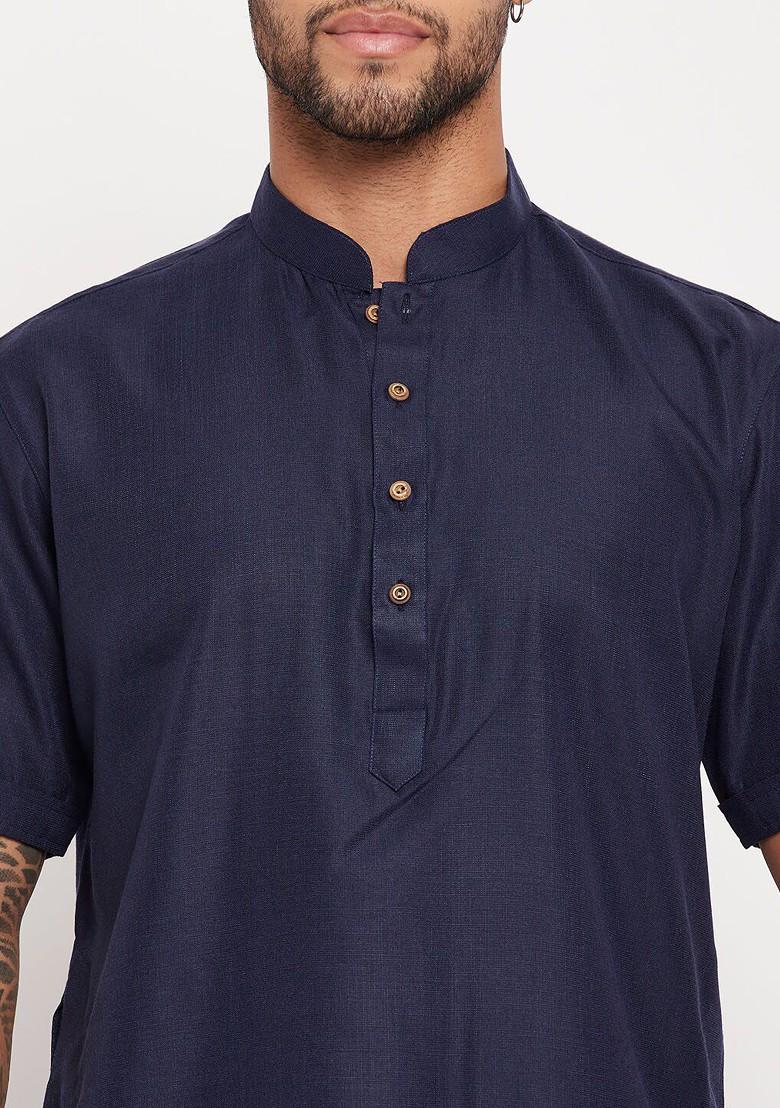 Navy Blue Solid Poly Blend Kurta Set For Men