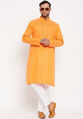 Yellow Solid Poly Blend Kurta Set For Men