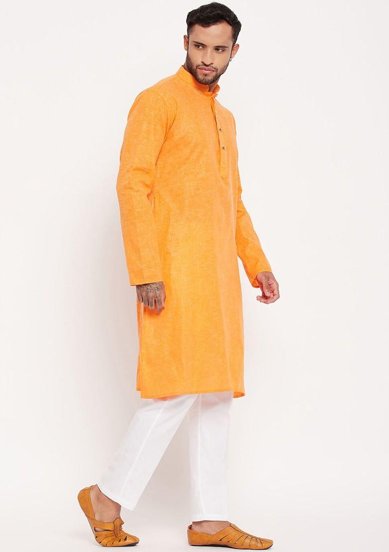 Yellow Solid Poly Blend Kurta Set For Men