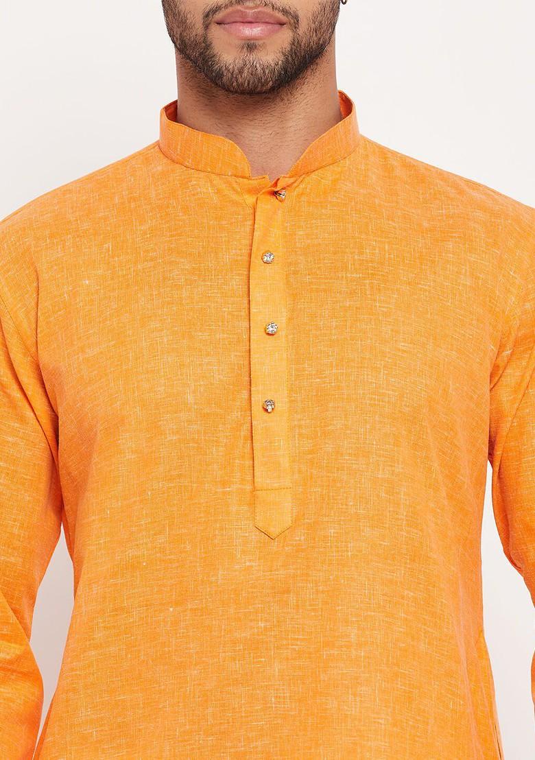 Yellow Solid Poly Blend Kurta Set For Men