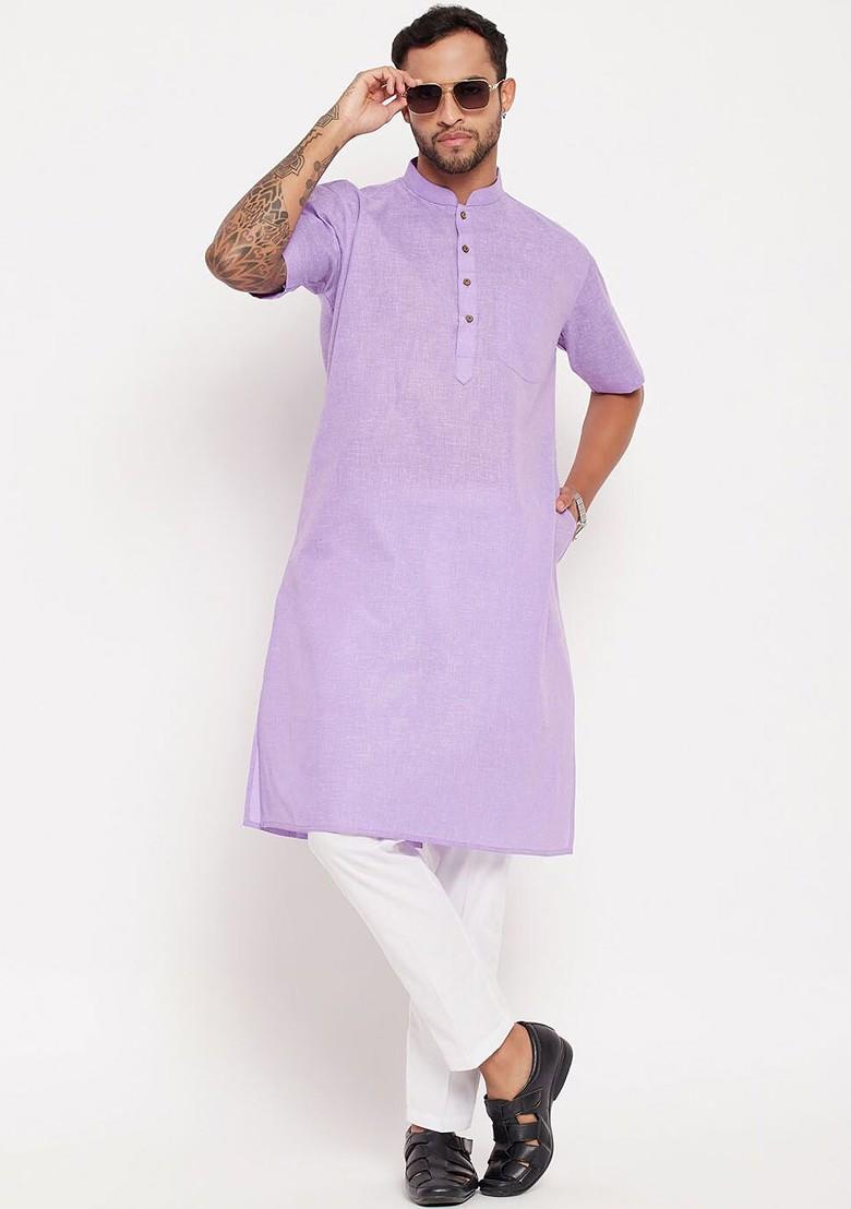 Purple Solid Poly Blend Kurta Set For Men
