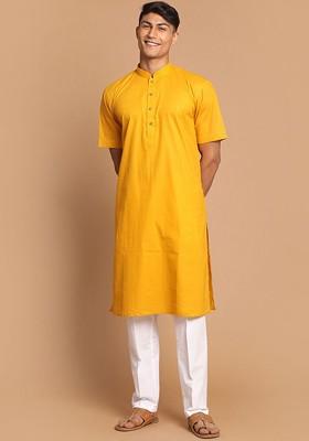Mustard Solid Poly Blend Kurta Set For Men