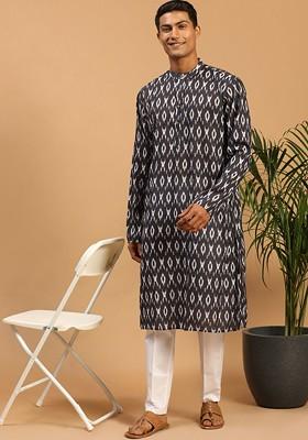 Black Ikat Print Poly Blend Kurta Set For Men