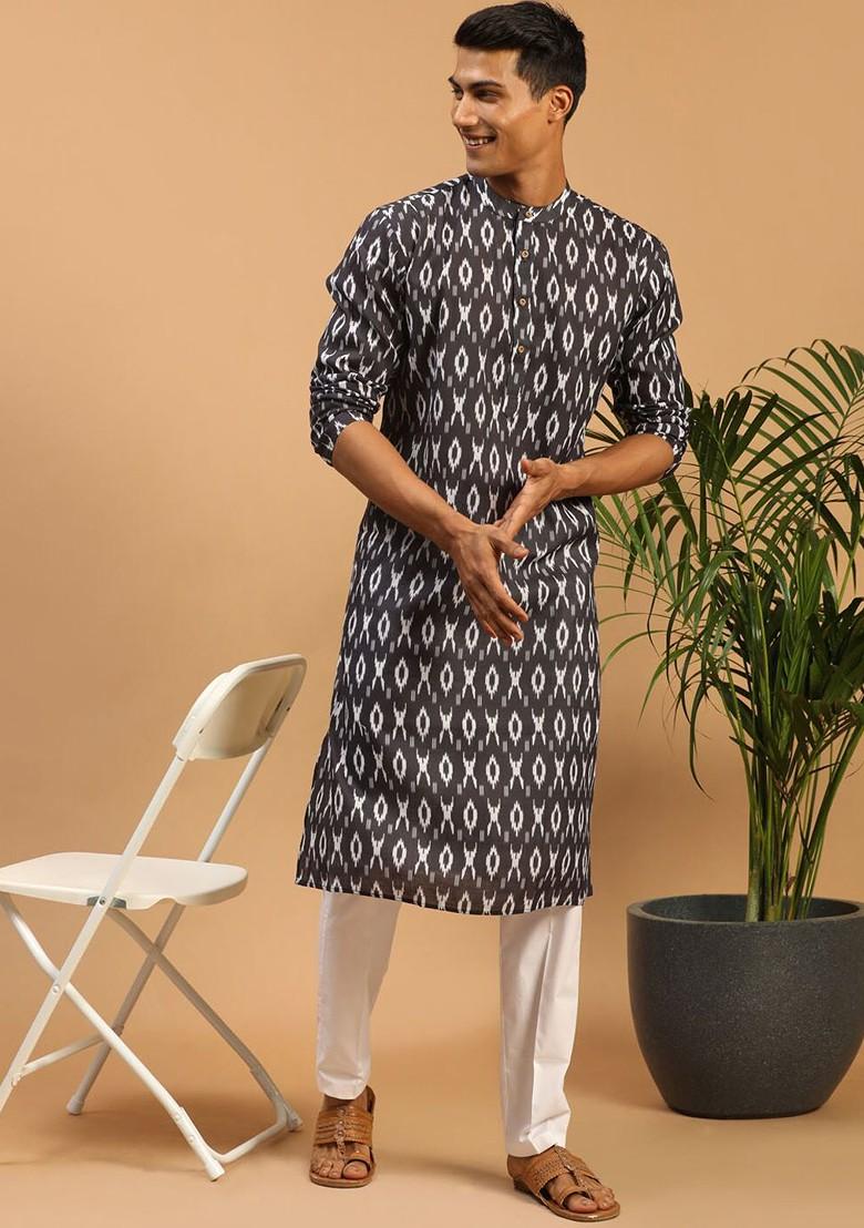 Black Ikat Print Poly Blend Kurta Set For Men
