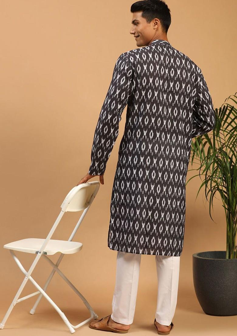 Black Ikat Print Poly Blend Kurta Set For Men