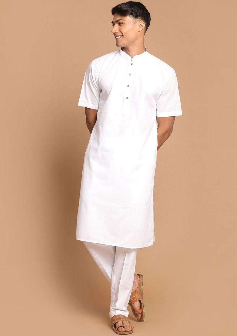 White Solid Poly Blend Kurta Set For Men