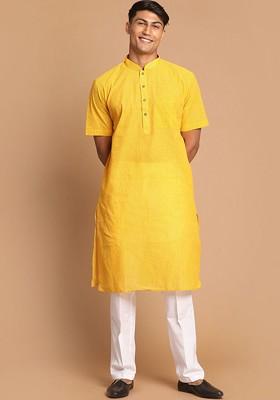 Yellow Striped Cotton Kurta Set For Men