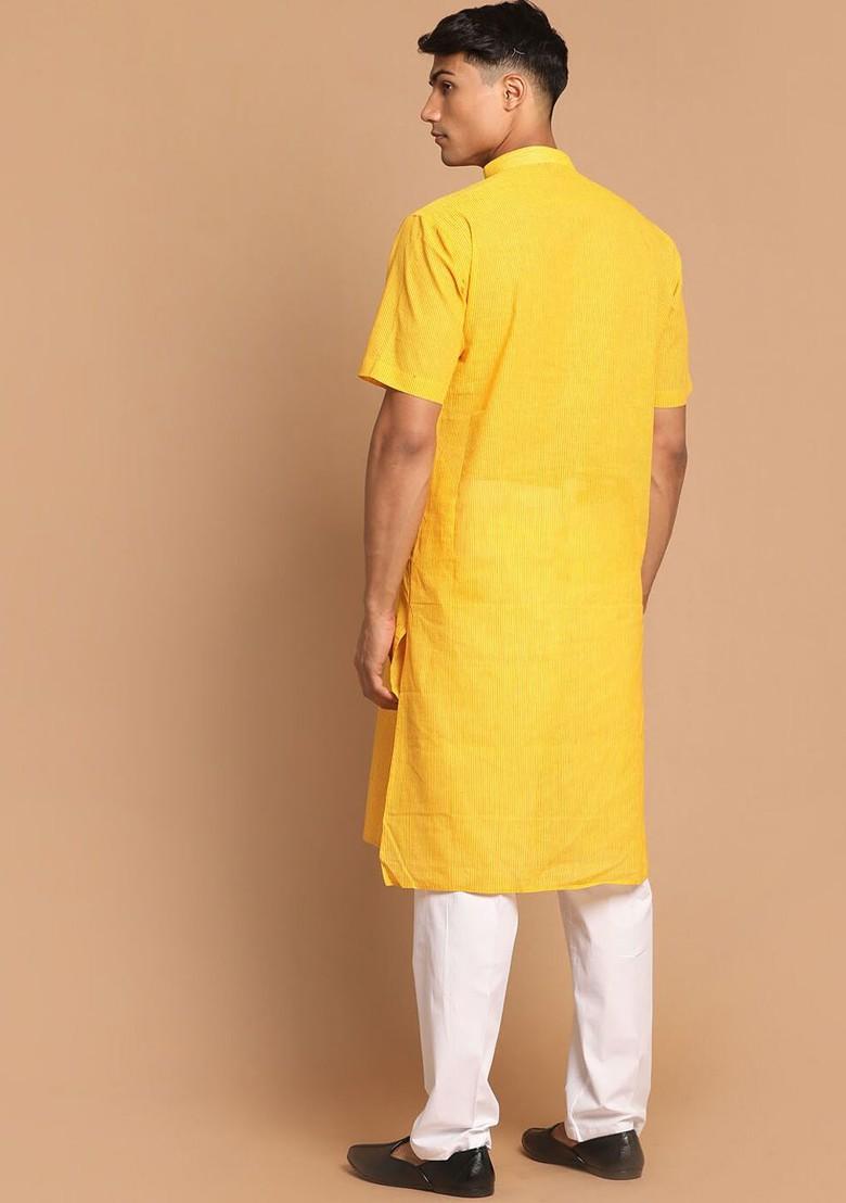 Yellow Striped Cotton Kurta Set For Men