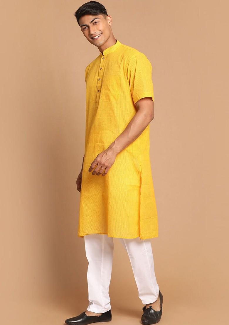 Yellow Striped Cotton Kurta Set For Men