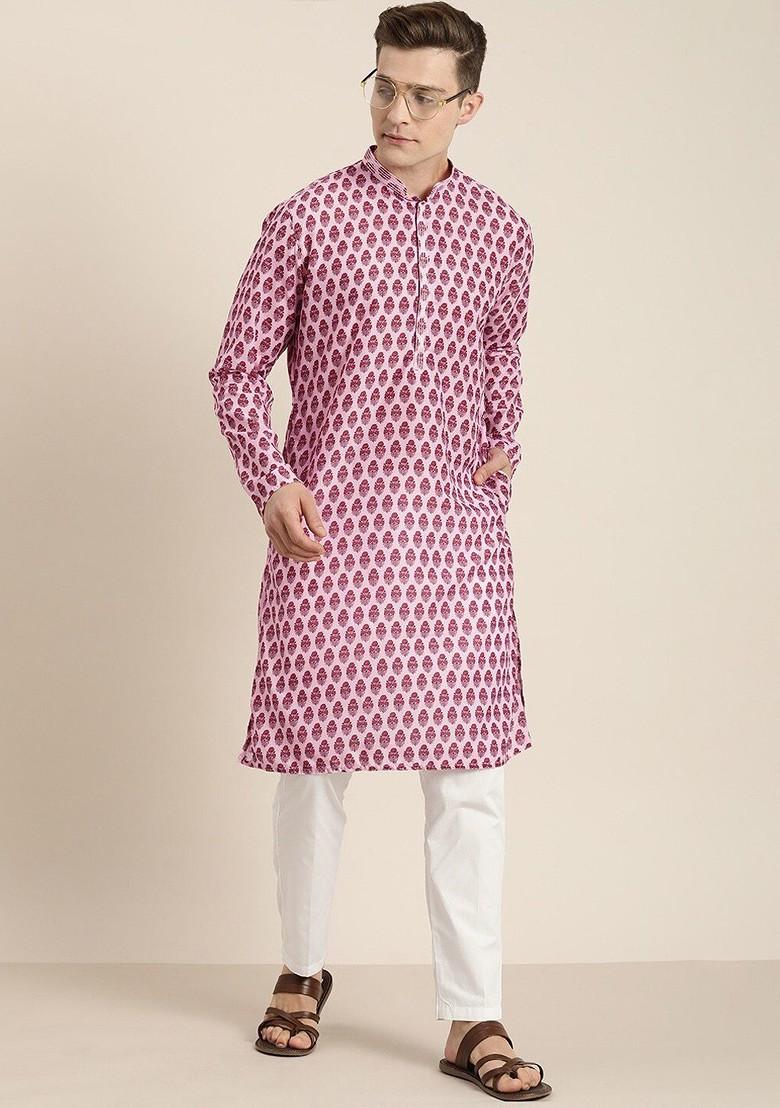 Pink Floral Print Poly Blend Kurta Set For Men