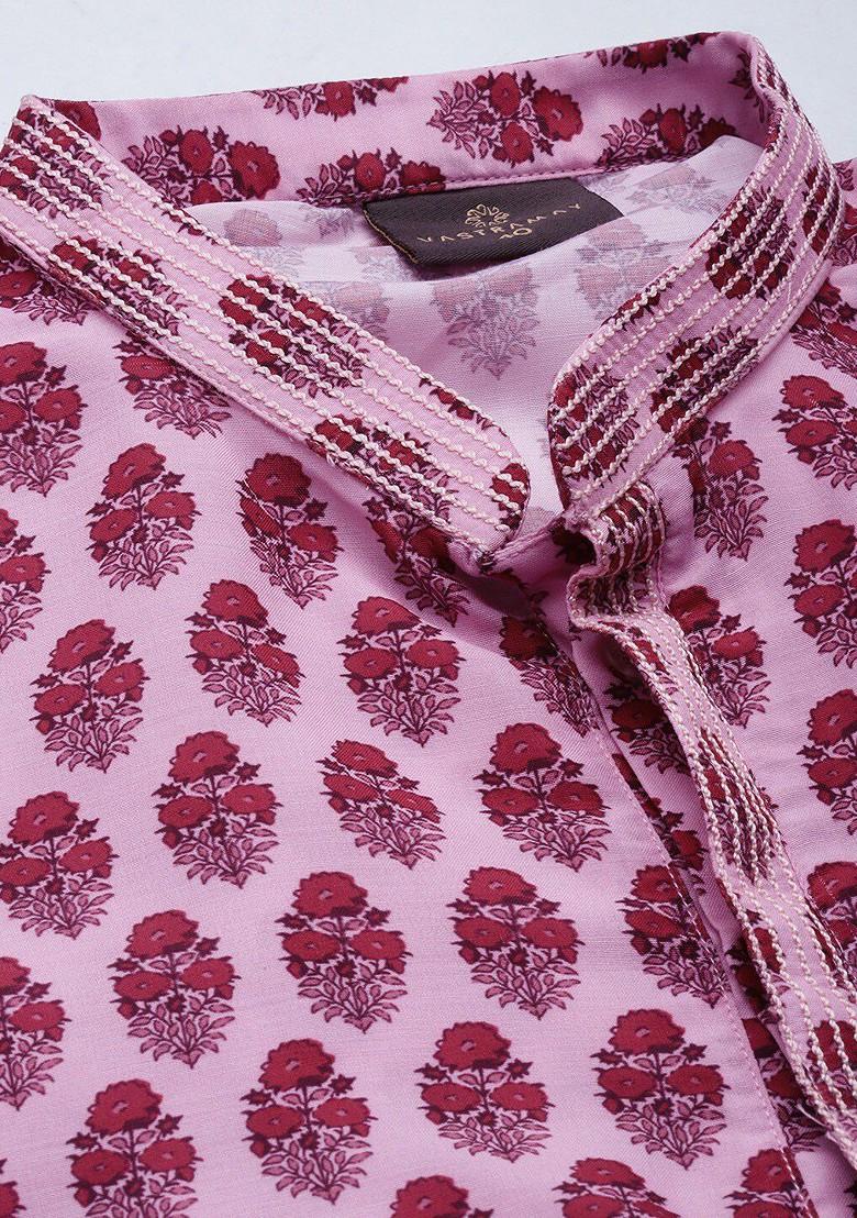 Pink Floral Print Poly Blend Kurta Set For Men
