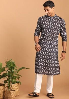Charcoal Ikat Print Poly Blend Kurta Set For Men