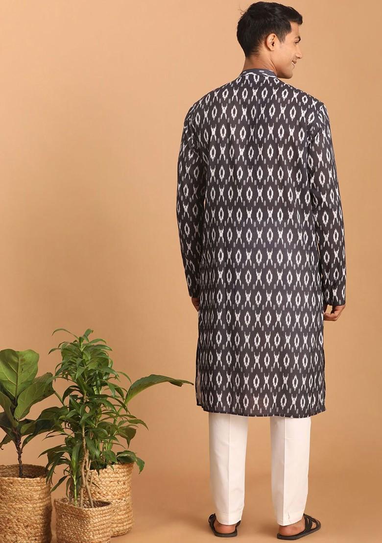 Charcoal Ikat Print Poly Blend Kurta Set For Men