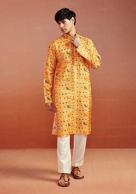 Yellow Ethnic Motifs Poly Blend Kurta Set For Men