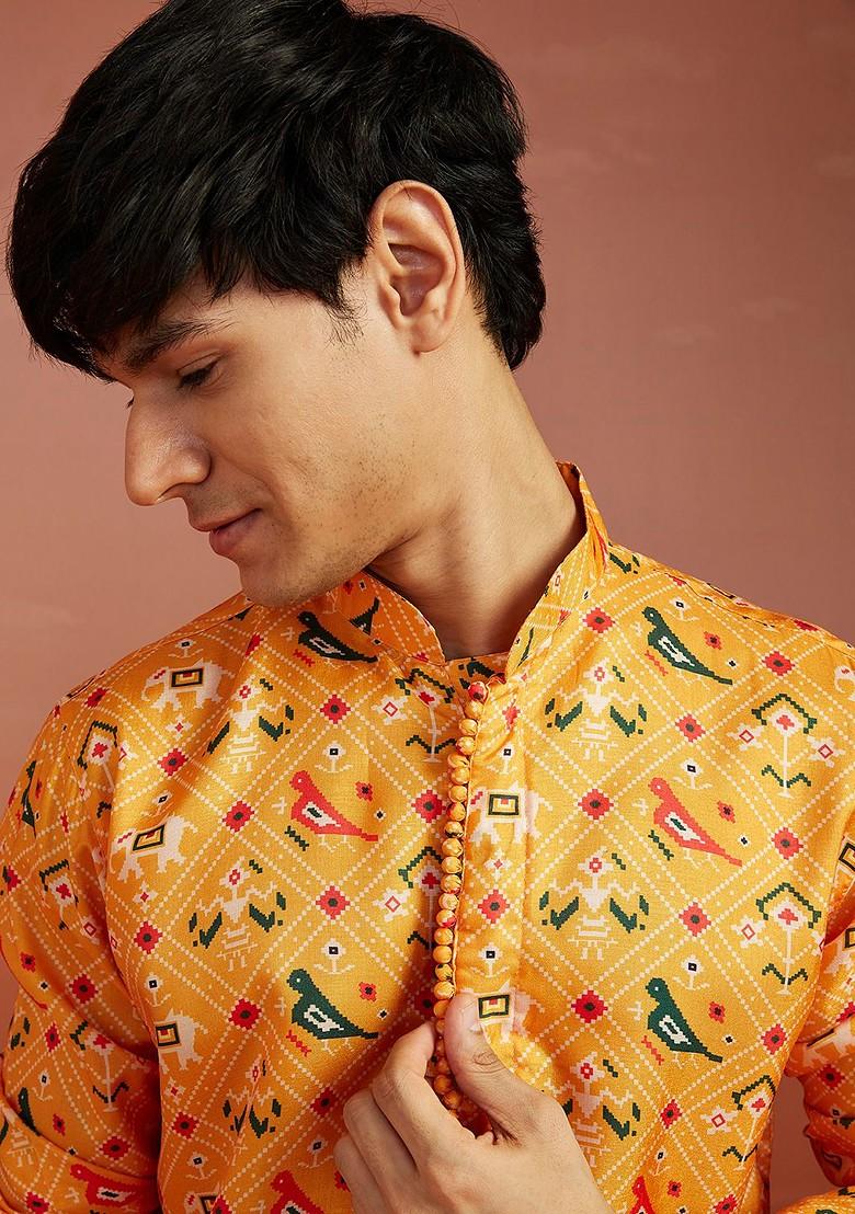 Yellow Ethnic Motifs Poly Blend Kurta Set For Men
