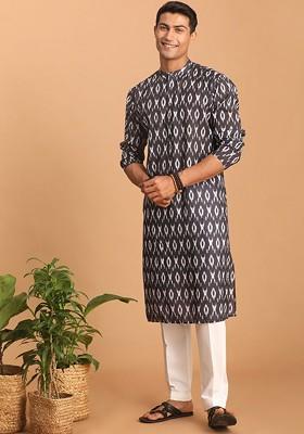 Black Ikat Print Poly Blend Kurta Set For Men