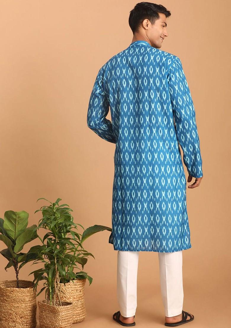 Turquoise Blue Ikat Print Poly Blend Kurta Set For Men