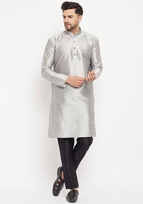 Grey Solid Poly Blend Kurta Set For Men