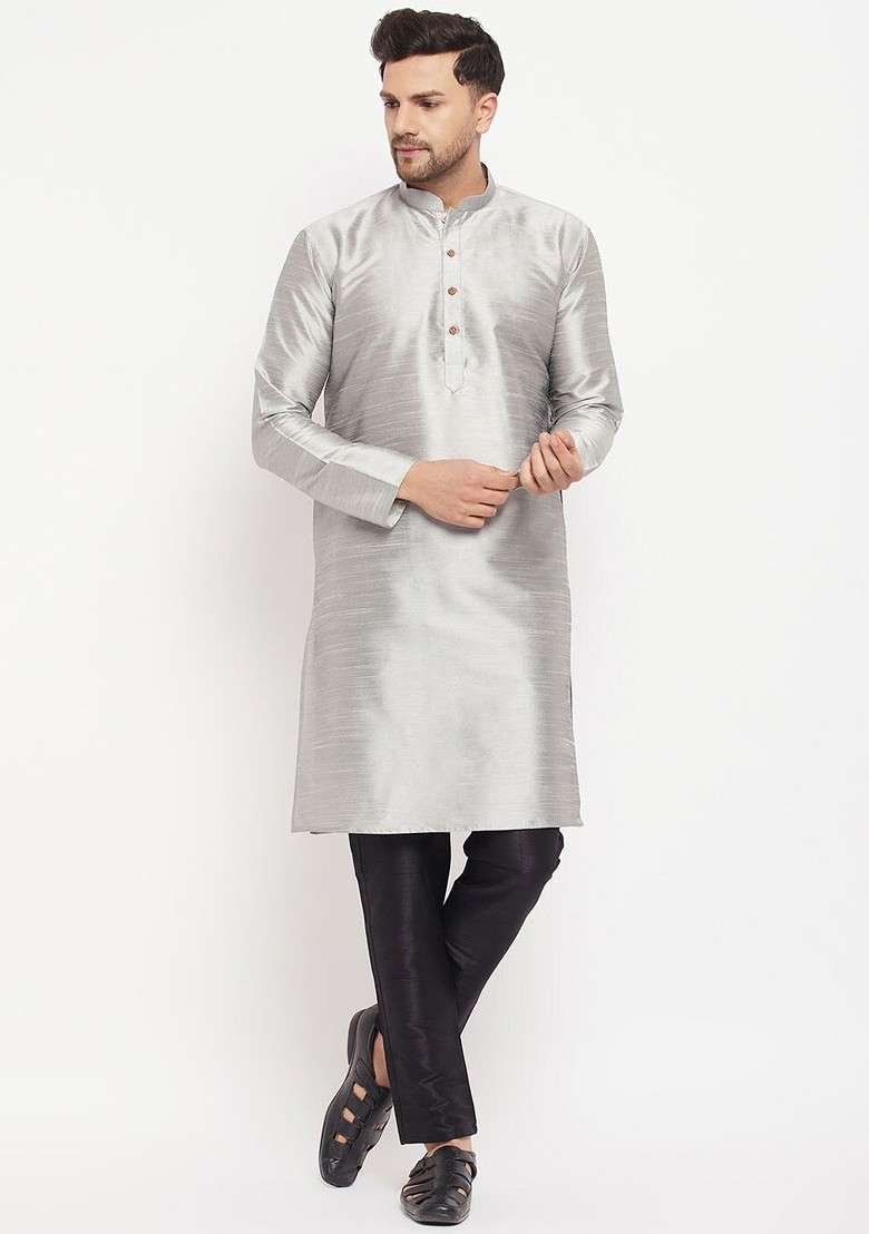Grey Solid Poly Blend Kurta Set For Men - Indya