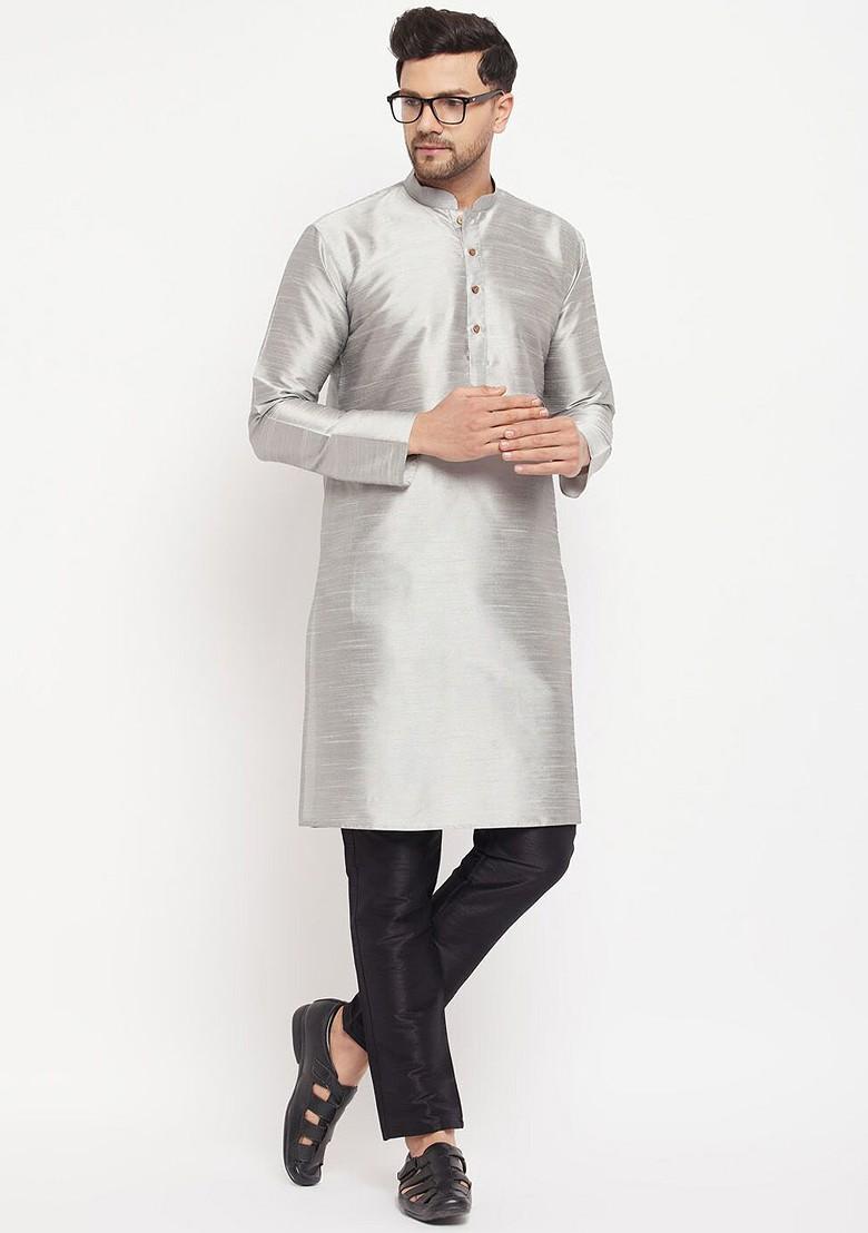 Grey Solid Poly Blend Kurta Set For Men