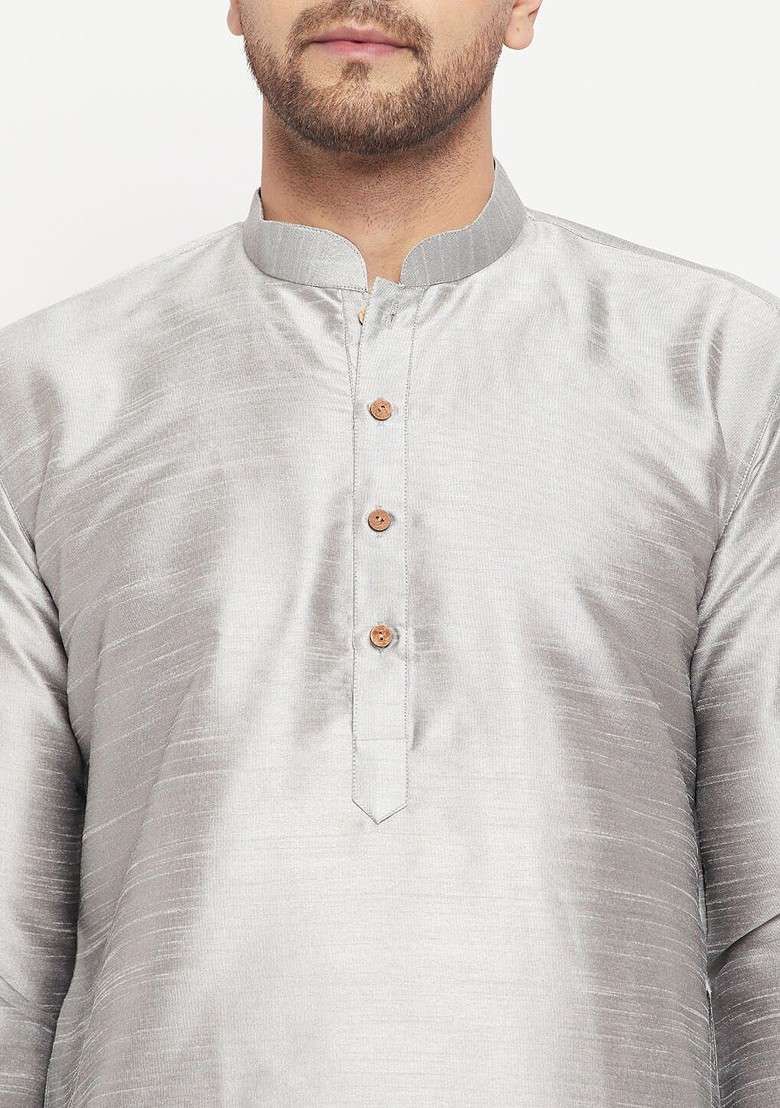 Grey Solid Poly Blend Kurta Set For Men - Indya