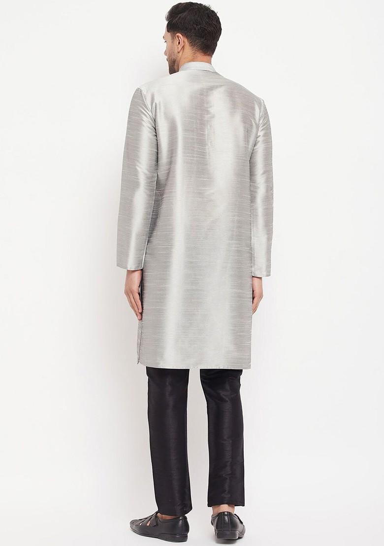 Grey Solid Poly Blend Kurta Set For Men