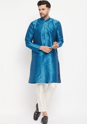 Blue Solid Poly Blend Kurta Set For Men