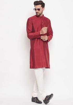 Maroon Geometric Print Silk Kurta Set For Men