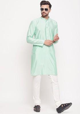 Sea Green Ethnic Motifs Jacquard Kurta Set For Men