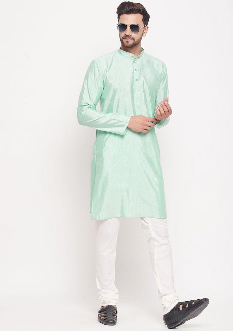 Sea Green Ethnic Motifs Jacquard Kurta Set For Men