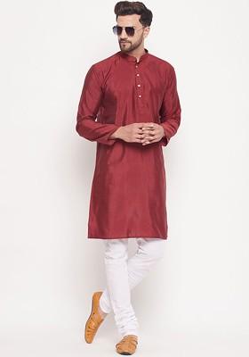 Maroon Ethnic Motifs Jacquard Kurta Set For Men