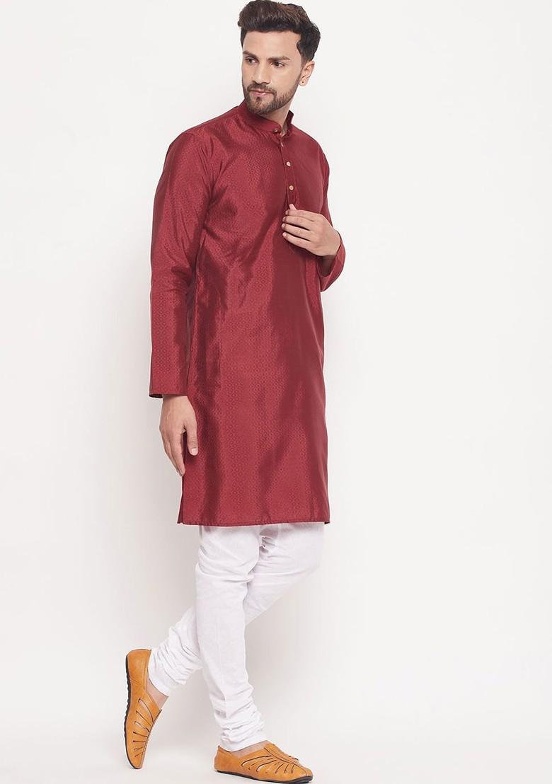 Maroon Ethnic Motifs Jacquard Kurta Set For Men