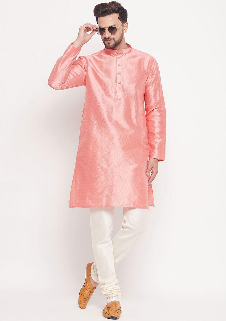 Pink Woven Poly Blend Kurta Set For Men