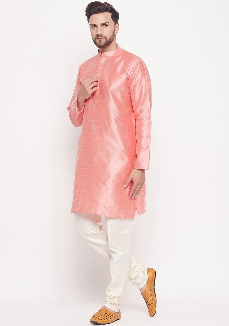 Pink Woven Poly Blend Kurta Set For Men