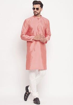 Pink Ethnic Motifs Silk Kurta Set For Men