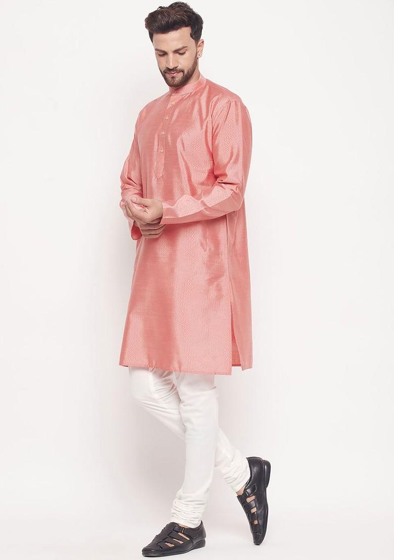 Pink Ethnic Motifs Silk Kurta Set For Men