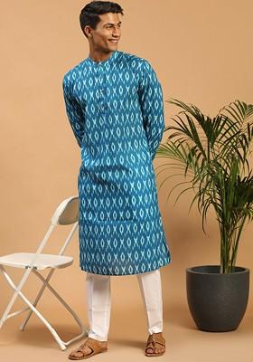 Turquoise Blue Ikat Print Poly Blend Kurta Set For Men