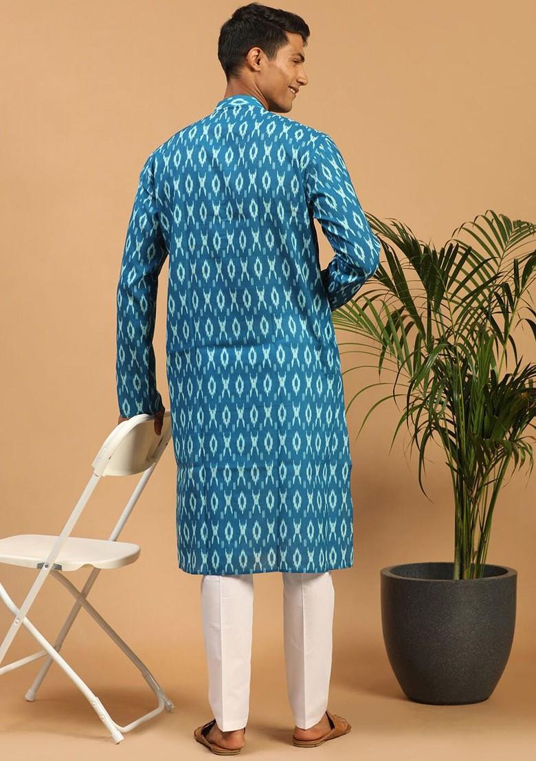 Turquoise Blue Ikat Print Poly Blend Kurta Set For Men